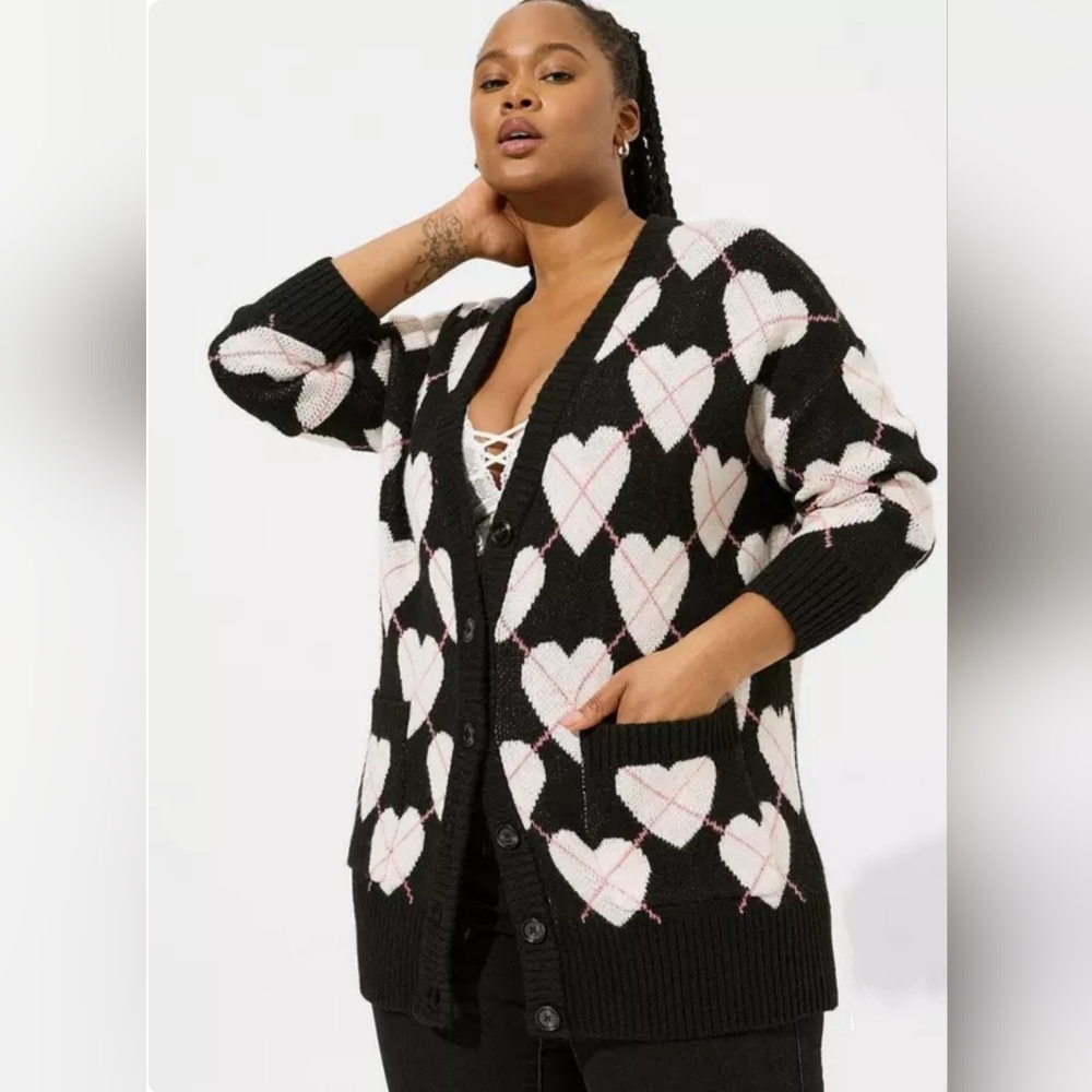 Torrid Vegan Cashmere Heart Argyle Oversized Cardigan Sweater, Size L / 0X